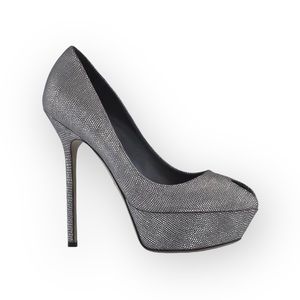 Sergio Rossi ༄ Piper Lamè 100mm Cachet Platform Peep Toe Pump ༄ Zinco Silver༄ 37